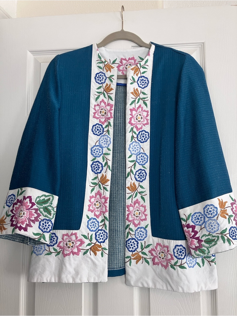 Teal Embroidered Open-Front Women's Cardigan